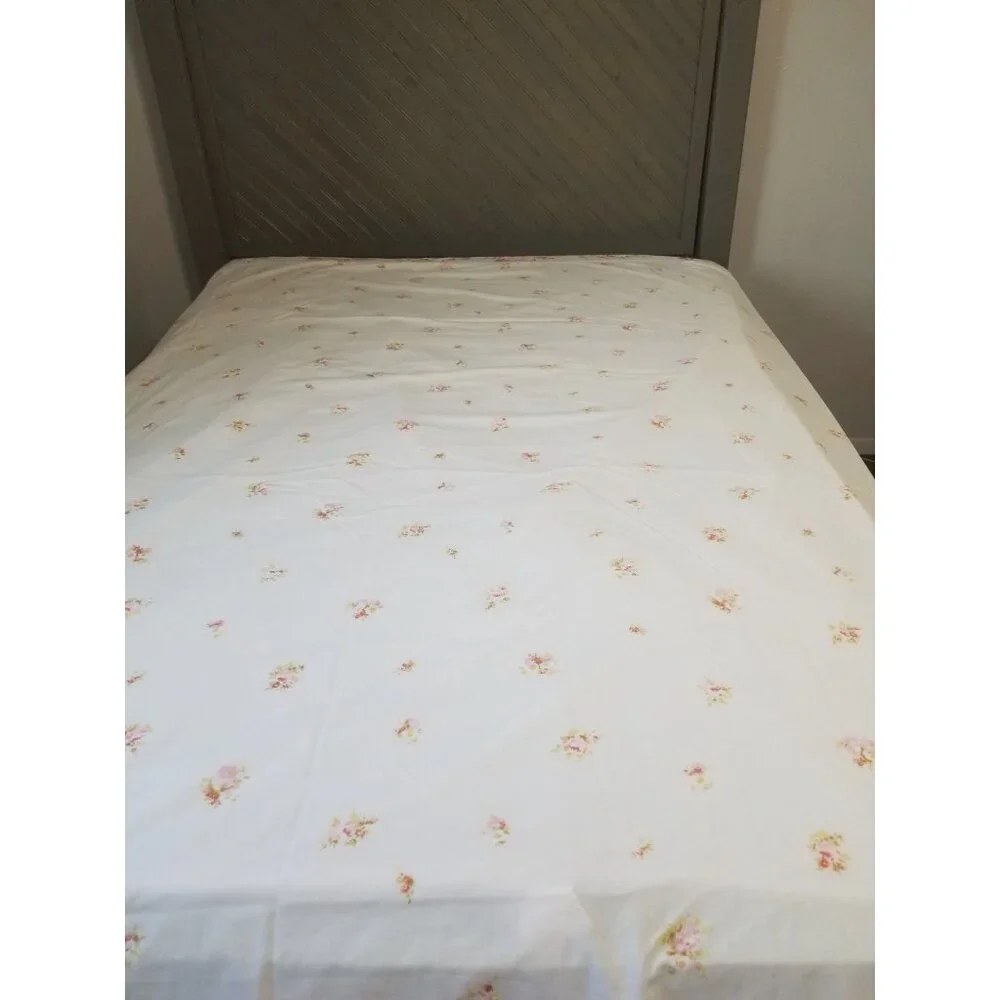 Sears Roebuck Vintage Full Flat Sheet White Pink Flowers 81x104 Perma Prest Perc